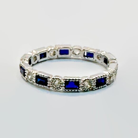 Sapphire Ring, Stacking, Band, Sterling Silver, Ring Guard, Art Deco Style,Blue - Picture 7 of 8